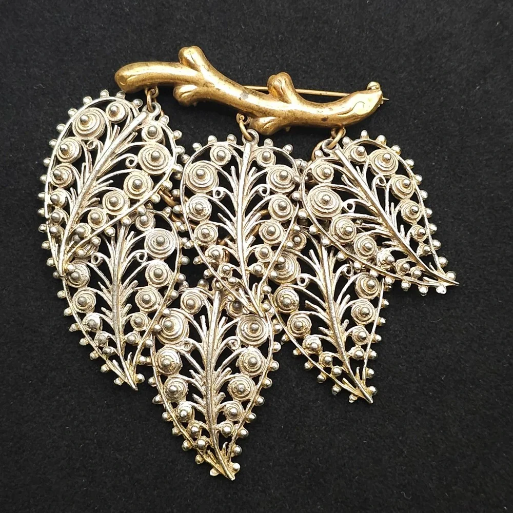 Vintage Filigree Dangle Leaf Brooch Statement‎ Nature Gold & Silver Tone Ornate